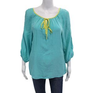 Randy Kemper Women Tunic Blouse Light Blue Silk 3/4 Sleeve Round Neck Size S